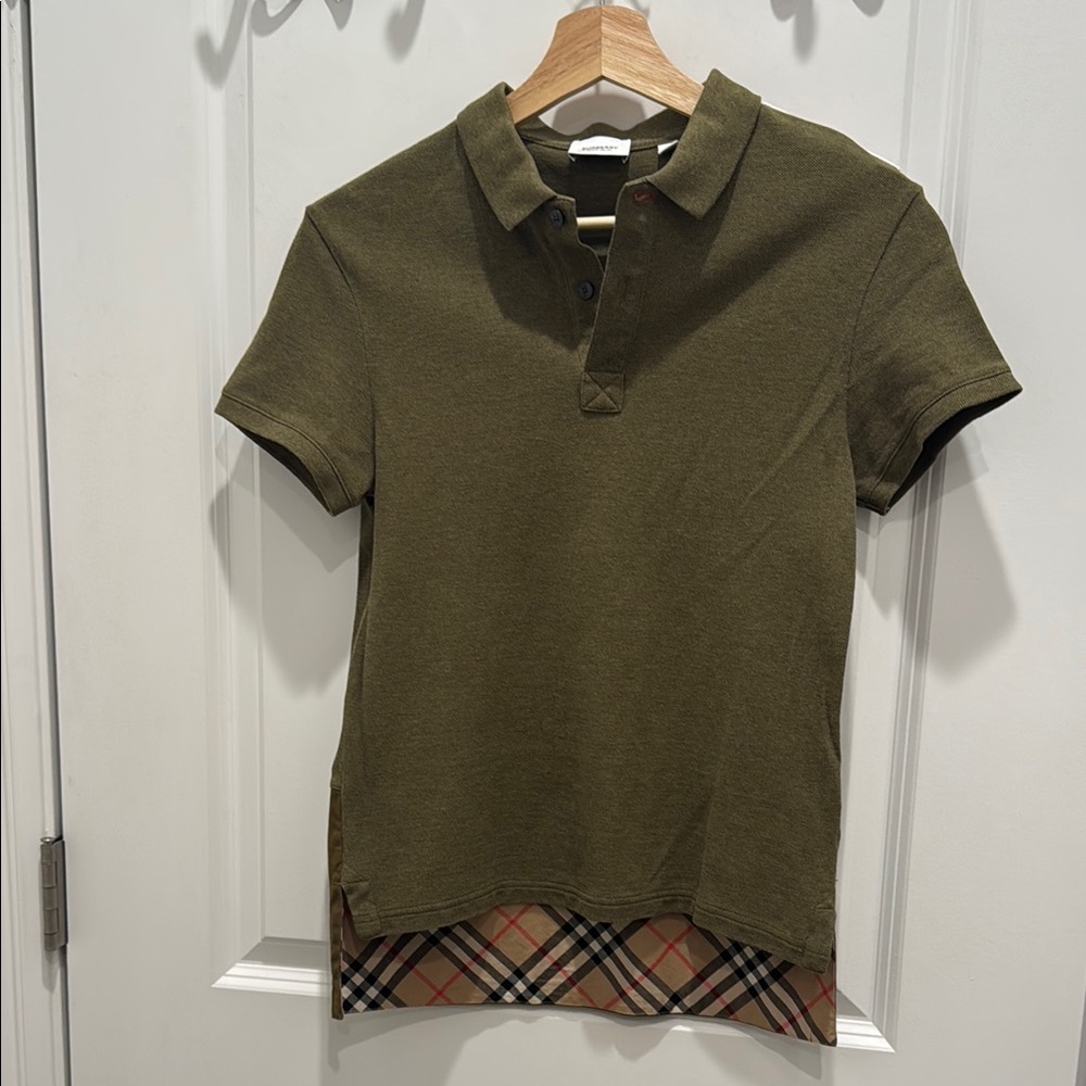 Olive Green Polo Shirt with Plaid Detail